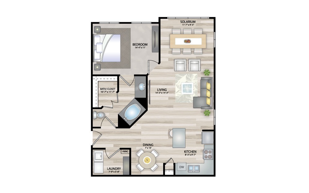 A3 - 1 bedroom floorplan layout with 1 bath and 921 square feet.