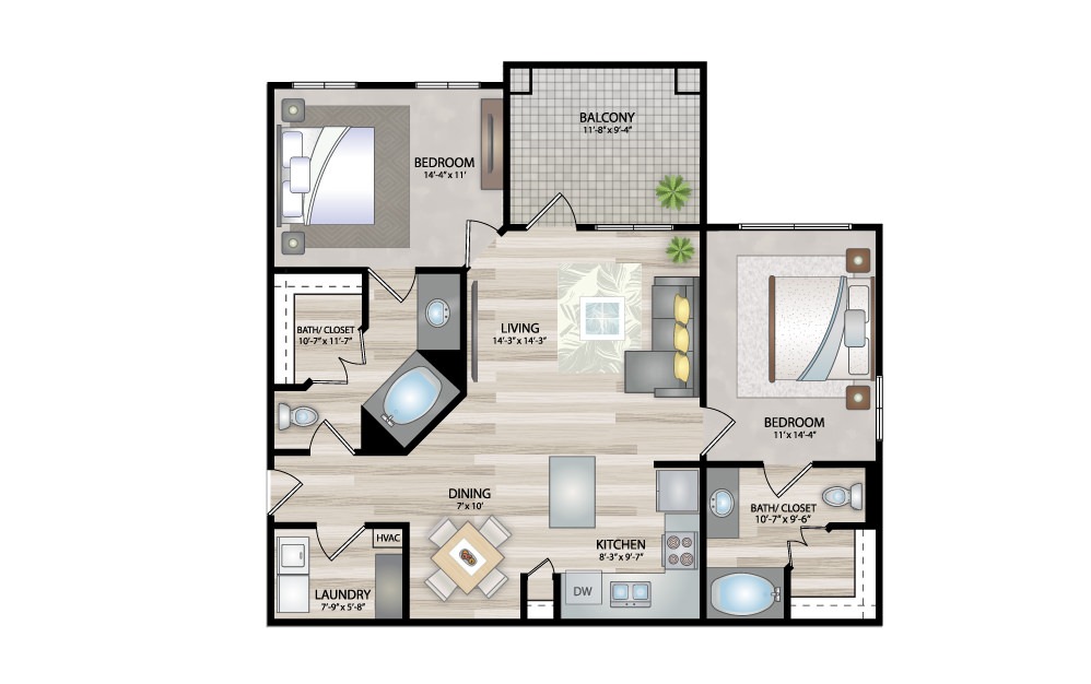 B1 - 2 bedroom floorplan layout with 2 baths and 1088 square feet.
