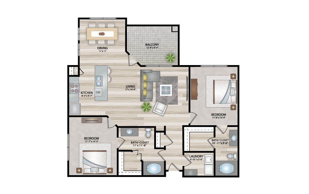 B3 - 2 bedroom floorplan layout with 2 baths and 1257 square feet.