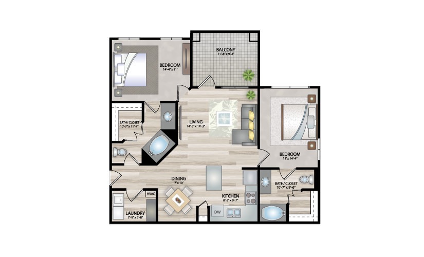 B1 - 2 bedroom floor plan layout with 2 bathrooms and 1088 square feet