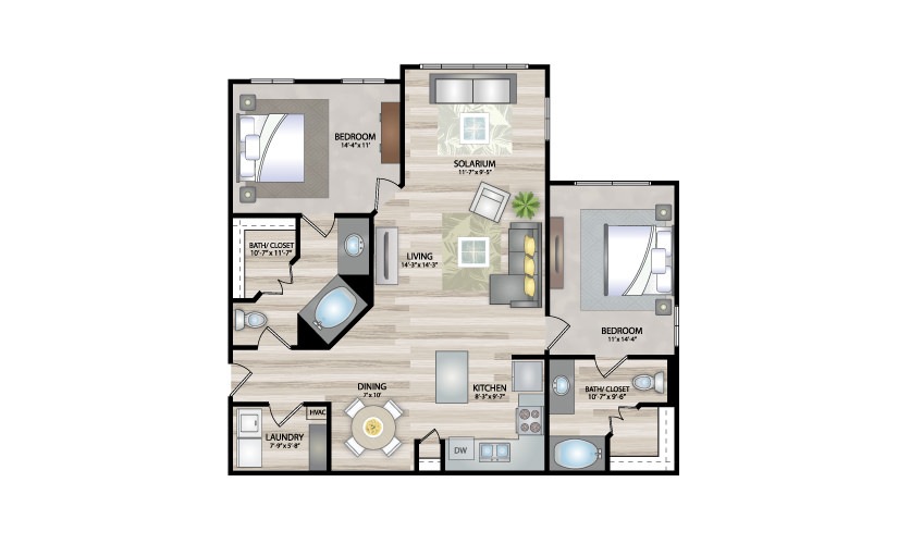 B2 - 2 bedroom floor plan layout with 2 bathrooms and 1205 square feet