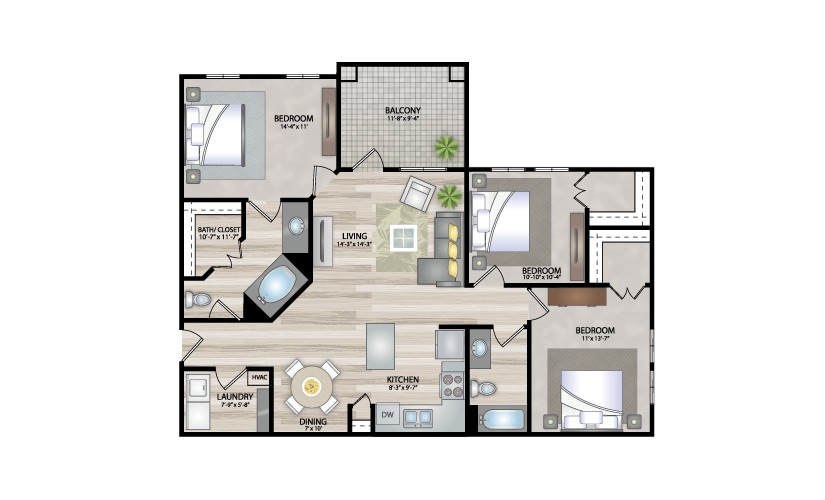 C1 - 3 bedroom floor plan layout with 2 bathrooms and 1238 square feet