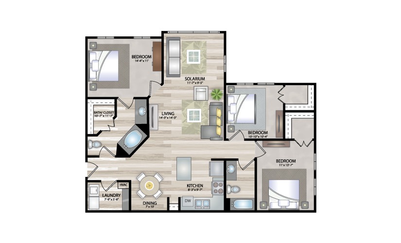 C2 - 3 bedroom floor plan layout with 2 bathrooms and 1355 square feet